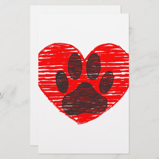 Dog Paw in rood hart Briefpapier (Voorkant / Achterkant)
