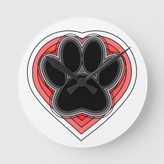 Dog Paw in rood hart met contouren Ronde Klok (Voorkant)