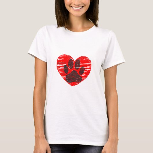 Dog Paw in rood hart T-shirt (Voorkant)
