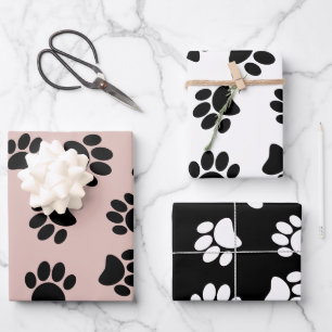 Dog Paw-patroon op Roos Gold Black en White Inpakpapier Vel
