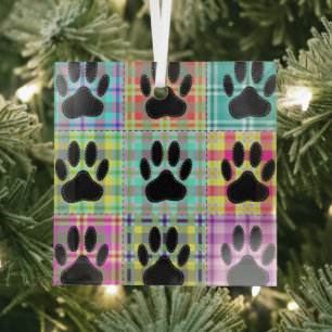 Dog Paw Pattern Quilt Glass Ornament