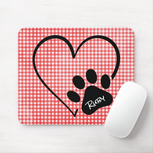 Dog Paw Print and Heart op Gingham Muismat (Met muis)