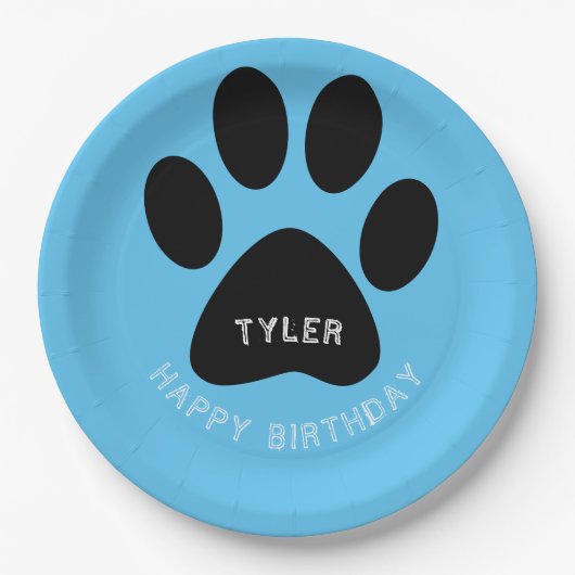 Dog Paw Print Blue Birthday Party Papieren Bordje (Voorkant)