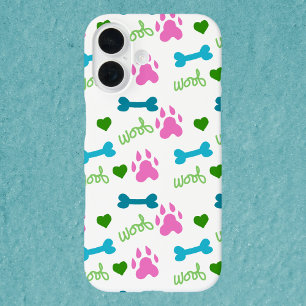 Dog Paw Print Botten Harten Woof Roze Blauw Groen iPhone 16 Hoesje