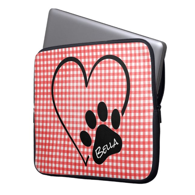 Dog Paw Print Heart op Gingham Laptop Sleeve (Voorkant Links)
