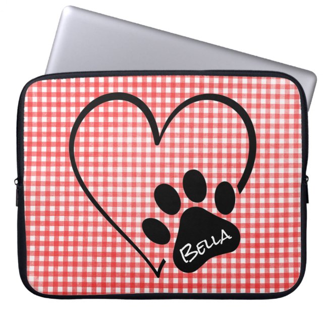 Dog Paw Print Heart op Gingham Laptop Sleeve (Voorkant)