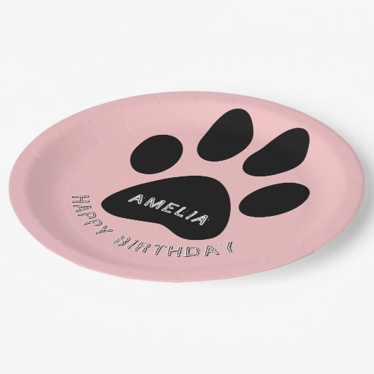 Dog Paw Print Pink Birthday Party Papieren Bordje (Gekanteld)