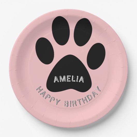 Dog Paw Print Pink Birthday Party Papieren Bordje (Voorkant)