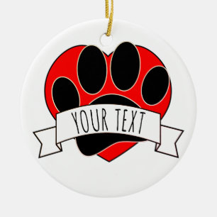 Dog Paw Print Red Heart Banner Keramisch Ornament