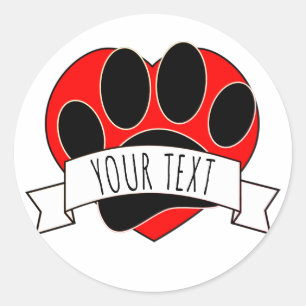 Dog Paw Print Red Heart Banner Ronde Sticker