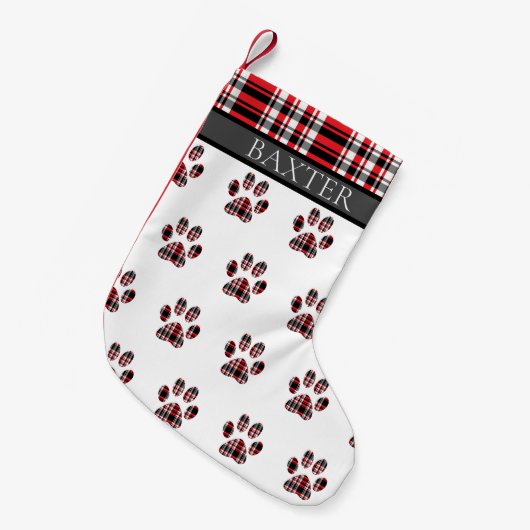Dog Paw Print Red Tartan Pset Aangepast Kleine Kerstsok (Voorkant (Hangend))
