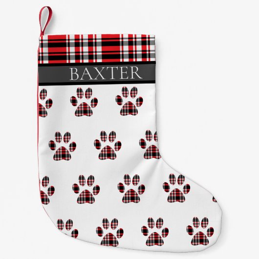 Dog Paw Print Red Tartan Pset Aangepast Kleine Kerstsok (Voorkant)