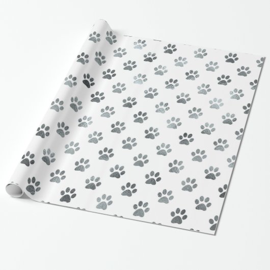 Dog Paw Print Silver Grey White Metallic Faux Foil Cadeaupapier (Uitgerold)