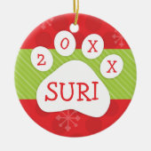 Dog Paw-printkerstrood en groen aangepast jaar Keramisch Ornament (Voorkant)