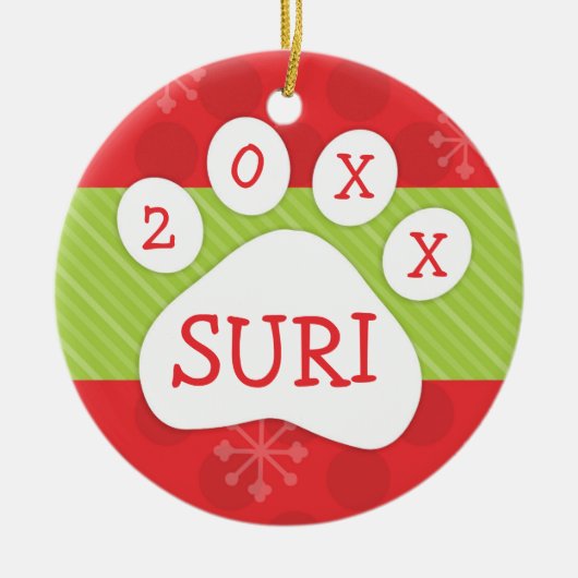 Dog Paw-printkerstrood en groen aangepast jaar Keramisch Ornament (Voorkant)