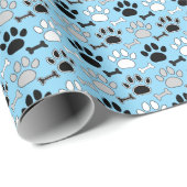 Dog Paw Prints and Bones Pattern Blue Cadeaupapier (Rol Hoek)