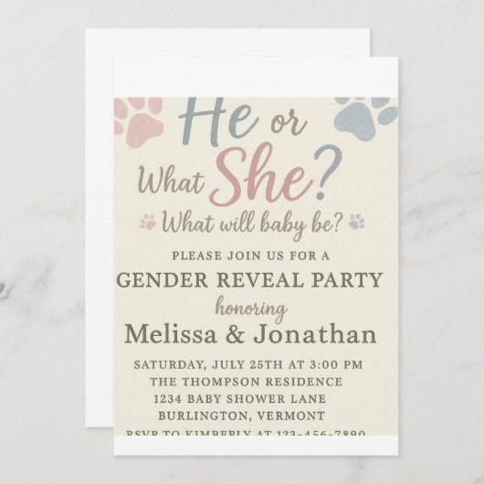 Dog Paw Prints Geslacht Onthulling Uitnodiging (Voorkant / Achterkant)