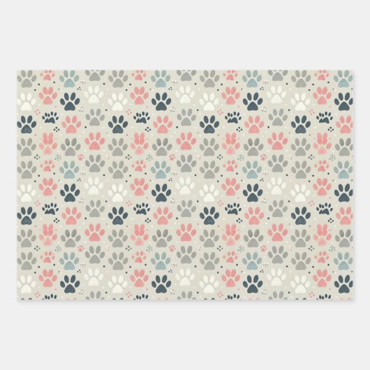 Dog Paw Prints Wrapping Paper Flat Sheet Set van 3 (Voorkant)