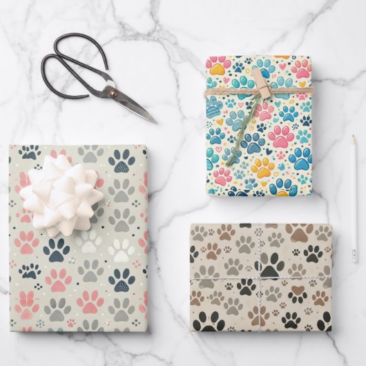 Dog Paw Prints Wrapping Paper Flat Sheet Set van 3 (Voorkant)