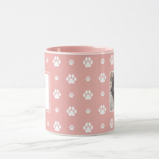 Dog Paw Roze Wit Monogram Foto Mok (Midden)