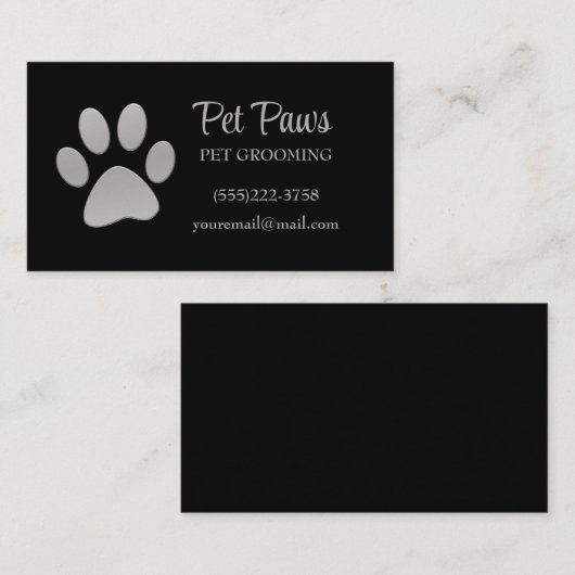 Dog Paw Silver Black Pet Grooming Service Visitekaartje (Voorkant / Achterkant)