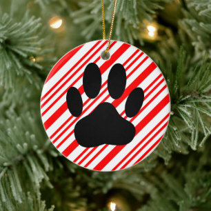Dog Pawprint Candy Cane Ceramic Ornament