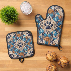 Dog Pawprint Quilt Design Note Kaart Ovenwant & Pannenlap Set