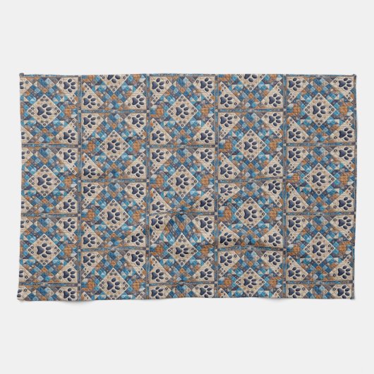 Dog Pawprint Quilt Design Note Kaart Theedoek (Horizontaal)