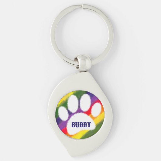 Dog Pawprint Rainbow Watercolor Custom Name Sleutelhanger (Voorkant)