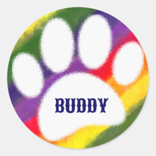 Dog Pawprint Rainbow Waterverf Aangepaste naam Ronde Sticker