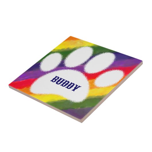 Dog Pawprint Rainbow Waterverf Aangepaste naam Tegeltje (Zijkant)