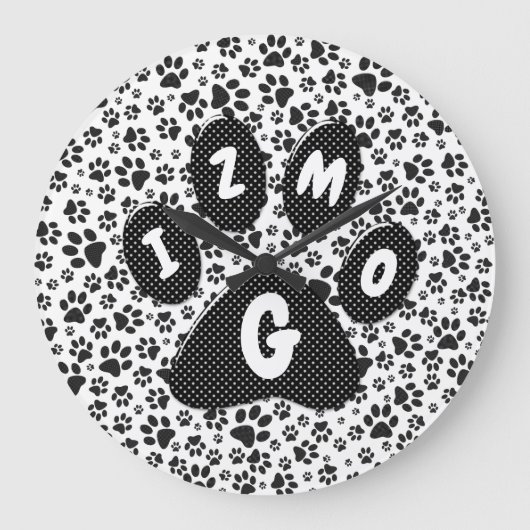 Dog Paws Black and White Polka Dot Large Clock Grote Klok (Voorkant)