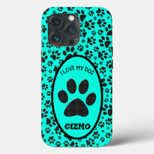 Dog Paws Black and White Polka Dot on vivid cyan Case-Mate iPhone Case