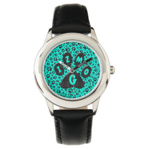 Dog Paws Black and White Polka Dot on vivid cyan Horloge