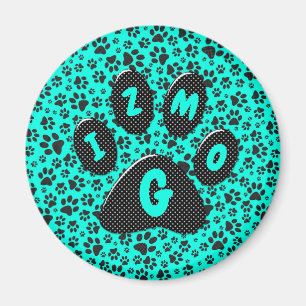 Dog Paws Black and White Polka Dot on vivid cyan Magneet