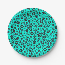 Dog Paws Black and White Polka Dot on vivid cyan Papieren Bordje