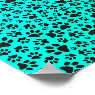 Dog Paws Black and White Polka Dot on vivid cyan Poster