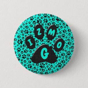 Dog Paws Black and White Polka Dot on vivid cyan Ronde Button 5,7 Cm
