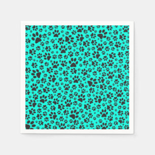 Dog Paws Black and White Polka Dot on vivid cyan Servet