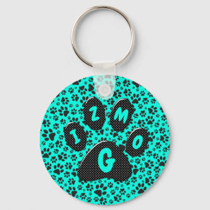 Dog Paws Black and White Polka Dot on vivid cyan Sleutelhanger