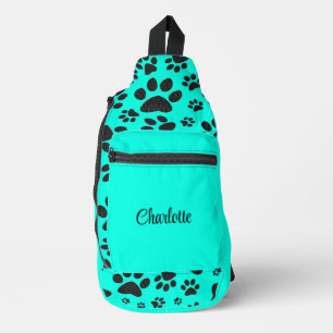 Dog Paws Black and White Polka Dot on vivid cyan Sling Bag