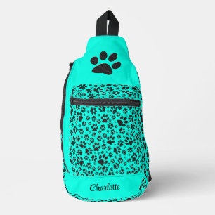 Dog Paws Black and White Polka Dot on vivid cyan Sling Bag