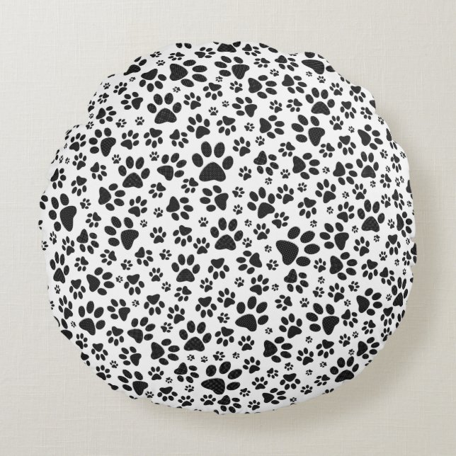 Dog Paws Black and White Polka Dot Rond Kussen (Voorkant)