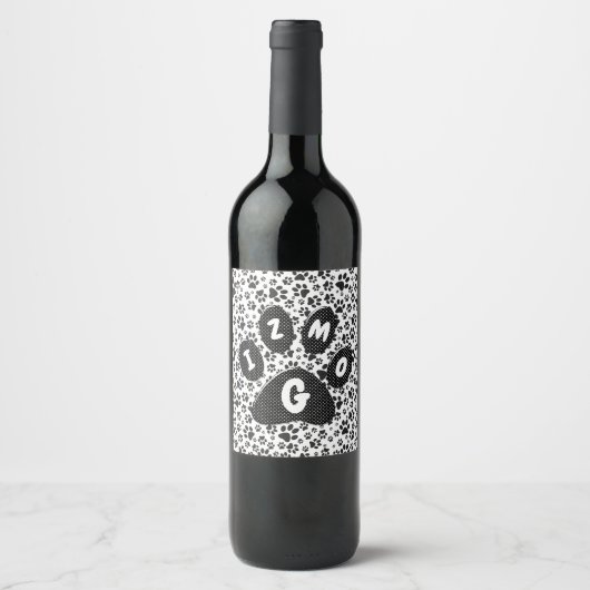 Dog Paws Black and White Polka Dot Wine Label Wijn Etiket (Voorkant)
