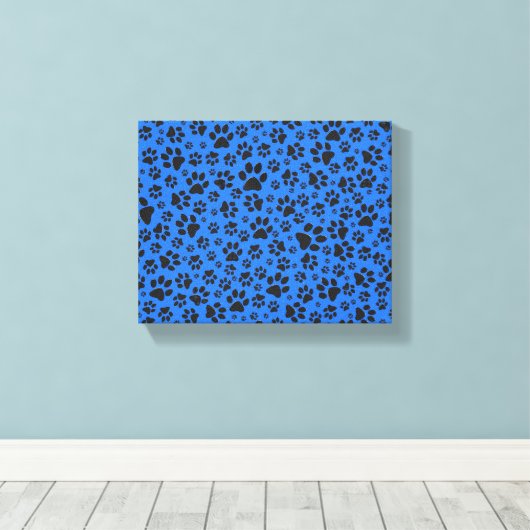 Dog Paws Black & White Polka Dot on tech blue Canvas Afdruk (Insitu (Houten vloer))
