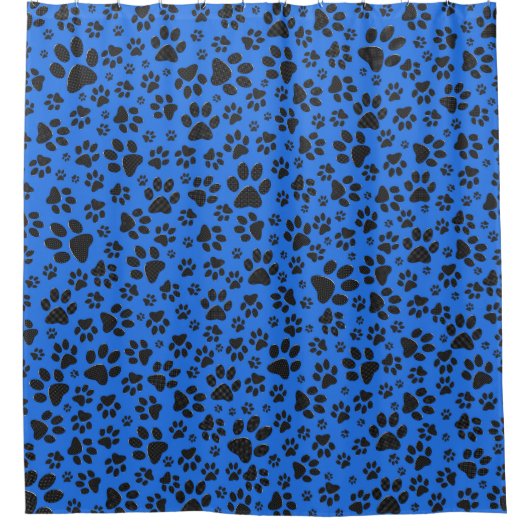 Dog Paws Black & White Polka Dot on tech blue Douchegordijn (Voorkant)