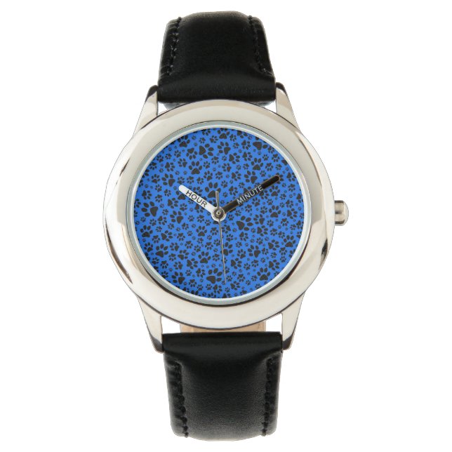 Dog Paws Black & White Polka Dot on tech blue Horloge (Voorkant)
