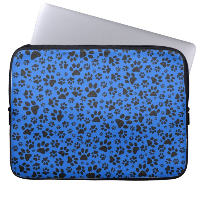 Dog Paws Black & White Polka Dot on tech blue Laptop Sleeve (Voorkant)