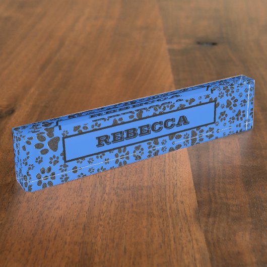 Dog Paws Black & White Polka Dot on tech blue Naambordje (Zijkant)