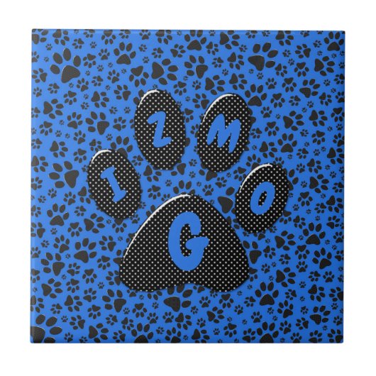 Dog Paws Black & White Polka Dot on tech blue Tegeltje (Voorkant)